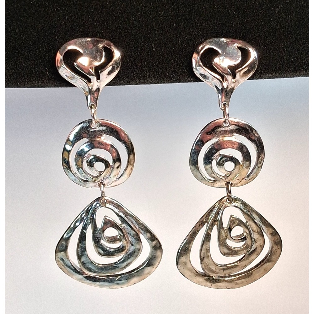Vintage Modernist Silver Tone Spiral Drop Clip-On Earrings MCM Swirl Dangle